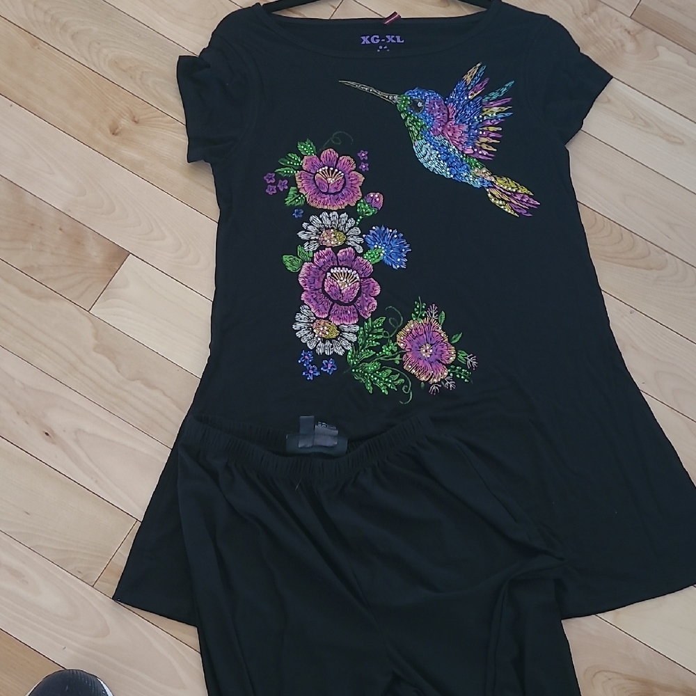 Black Floral Hummingbird Embroidered Dress Whit Pants 2 Pc